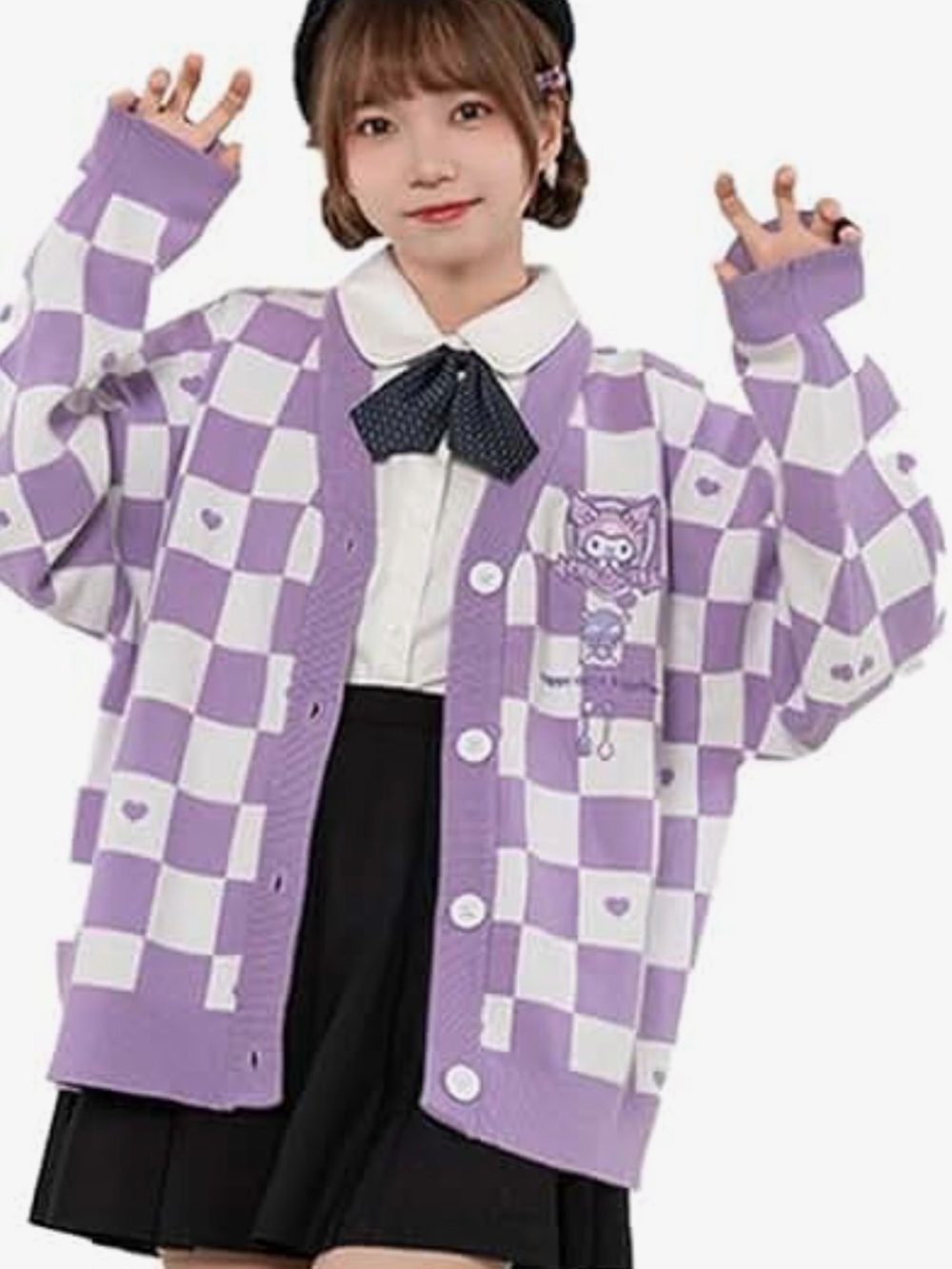 Anime Purple Kawa White Checkerboard Kids Cardigan Sweater Womens S-NEW